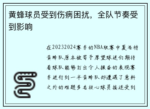 黄蜂球员受到伤病困扰，全队节奏受到影响